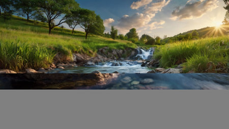 Mountain river in the forest at sunset. Panoramic landscape.の写真素材