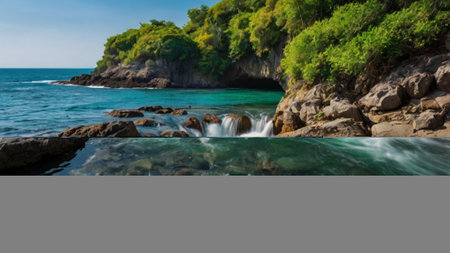 Tropical beach with clear turquoise water and granite rocks.