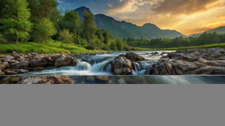 Mountain river at sunset. Beautiful summer landscape with a waterfall.