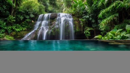 Waterfall in tropical forest. Nature background. Waterfall in the jungle.