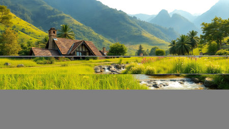 Rice field in the morning with mountain background.の写真素材