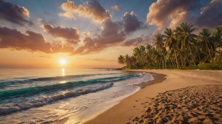Tropical sunset on the beach with palm trees and sand.の写真素材