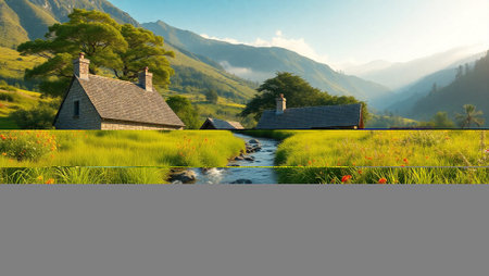 Landscape with church and meadow in the highlands of New Zealandの写真素材