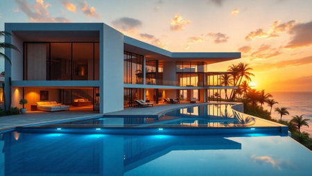 3d rendering of modern cozy house with pool and parking for sale or rent at sunsetの写真素材