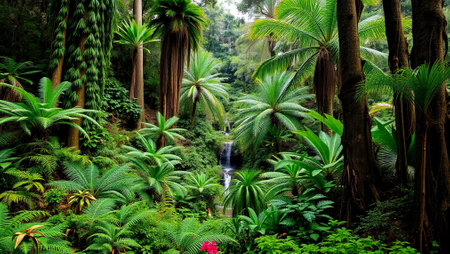 Tropical forest with waterfall and palm trees in the rainforestの写真素材