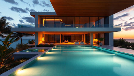 3d rendering of modern cozy house with pool and parking for sale or rent