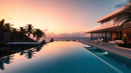 3d rendering of modern luxury house with swimming pool and sea viewの写真素材