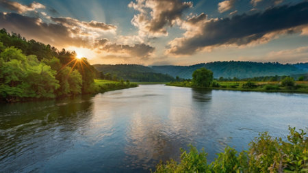 Panoramic view on the river at sunset. Beautiful summer landscapeの写真素材