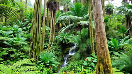 Tropical rainforest with waterfall and ferns in Hawaii
