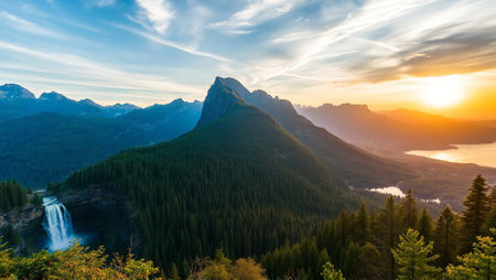 Sunset over Lake Louise in Banff National Park, Alberta, Canadaの写真素材