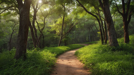 Path in the green forest at sunrise. Nature background and wallpaper.の写真素材
