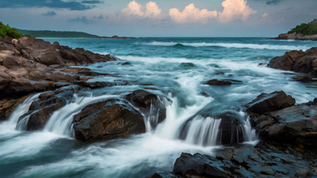 Long exposure of a water flow on the seashore at sunset.の写真素材