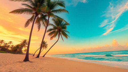 Beautiful tropical beach and sea with coconut palm tree at sunset time - Vintage Filterの写真素材