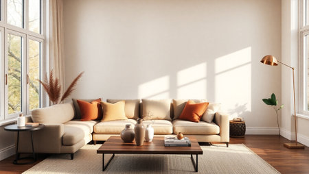 interior with brown sofa. 3d render illustration mock up designの写真素材