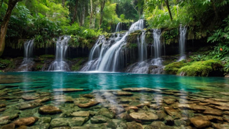 Panoramic view of beautiful waterfall in deep forest, Thailand.の写真素材