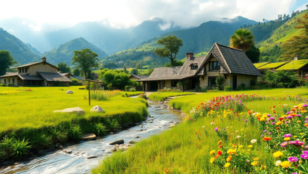 Landscape of rice fields in the countryside of Sapa, Vietnamの写真素材