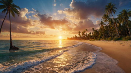Beautiful sunset on the beach. Panorama of a tropical beach.の写真素材