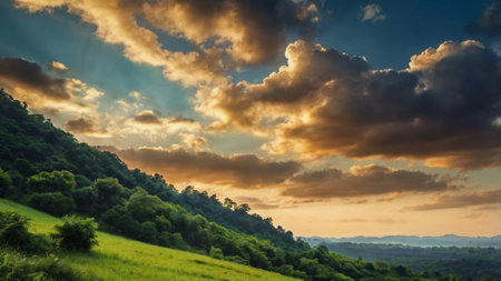 Landscape of green meadow and blue sky with clouds at sunsetの写真素材