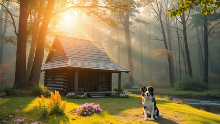 Beautiful landscape with a dog and a wooden house in the forest.の写真素材