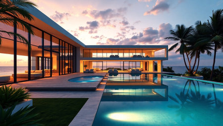 3d rendering of modern cozy house with pool and parking for sale or rentの写真素材