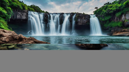 Panoramic view of waterfall in the forest. Long exposure.の写真素材