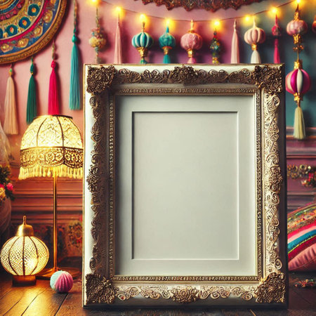 Vintage photo frame on the background of a colorful wall with lampsの写真素材