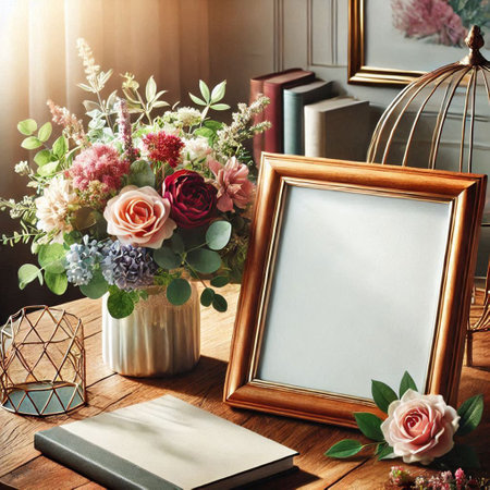 Blank photo frame with flowers in vase on wooden table.の写真素材