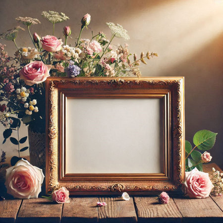 Photo frame with beautiful flowers on wooden table. Mockup for designの写真素材