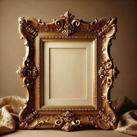 Vintage golden picture frame on beige background. Copy space.の写真素材
