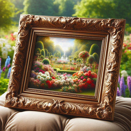 Picture of beautiful garden in vintage frame on the background of flowers.の写真素材