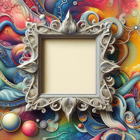 Vintage frame on abstract colorful background. Computer generated illustration, 3D rendering.の写真素材
