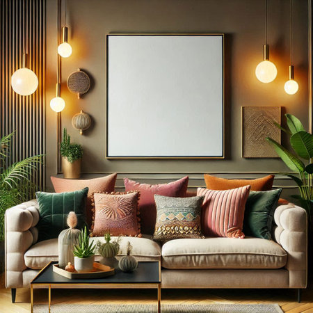 Mock up poster frame in interior background, Scandinavian style, 3D renderの写真素材