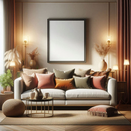 Modern living room interior with sofa and mock up poster. 3d renderの写真素材