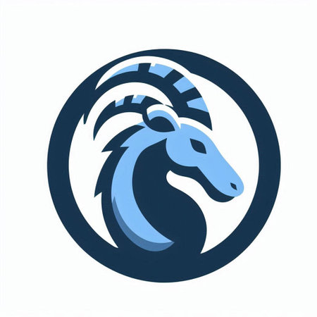 Illustration of a blue horse head in a circle on a white backgroundの写真素材