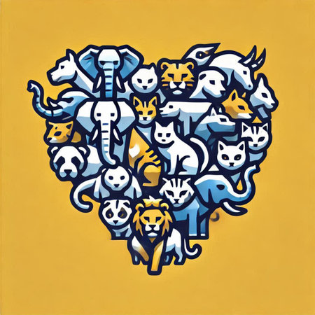 Animals in the form of a heart on a yellow background.