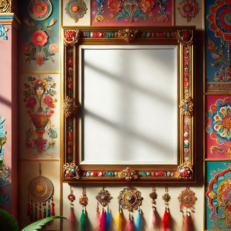 Blank picture frame in the interior of the room. Photo in old color image style