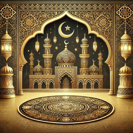 3d illustration of golden background with mosque, carpet and crescentの写真素材