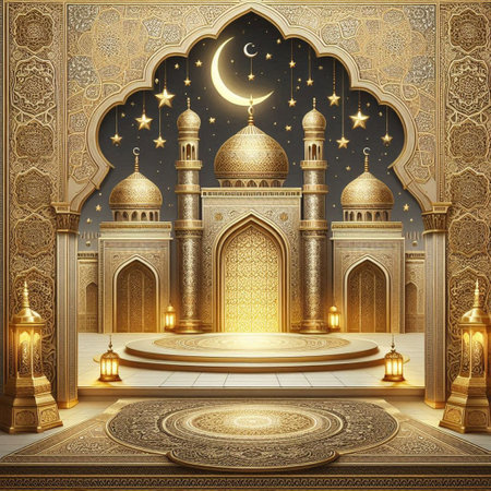 Ramadan Kareem background with mosque and crescent moon, 3d renderingの写真素材