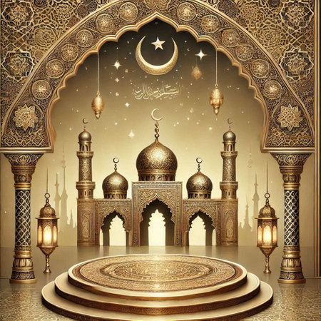 Ramadan Kareem background with mosque, crescent and lanternsの写真素材