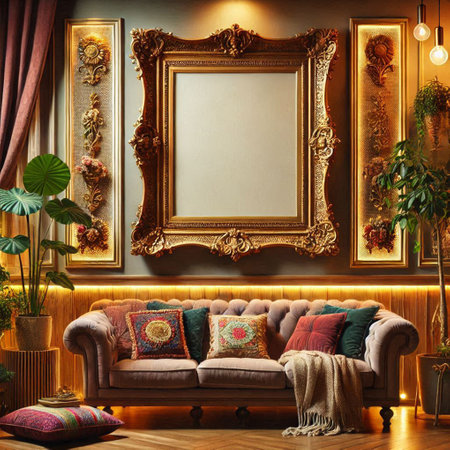 Interior of a living room with a sofa and a picture frame