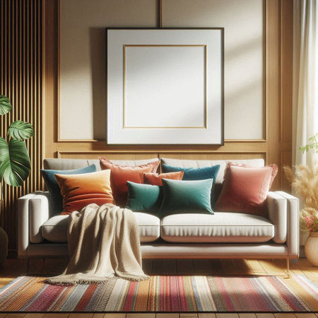 Interior of modern living room with white sofa, pillows, carpet and mock up poster. 3d renderの写真素材