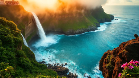 Beautiful view of a waterfall at sunset