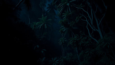 Tropical jungle forest at night. 3D Rendering.