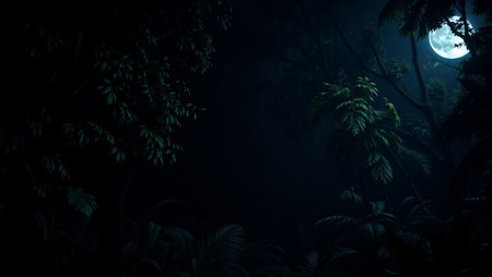 Full moon over tropical forest at night with fog in the forest.の写真素材