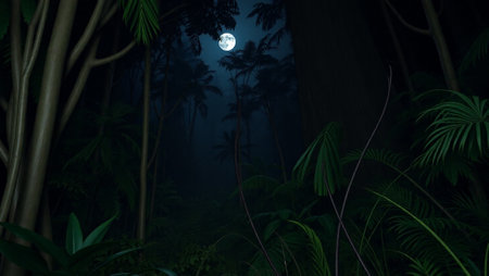 Full moon over the jungle at night. 3d render illustration.の写真素材