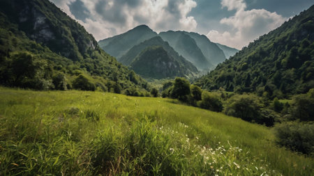Landscape with green meadows and mountains in Caucasus mountains, Russiaの写真素材