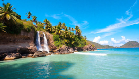 Tropical beach with waterfall and palm trees at Seychelles