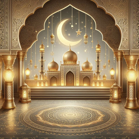 Illustration of Ramadan Kareem background with mosque and golden lanternsの写真素材