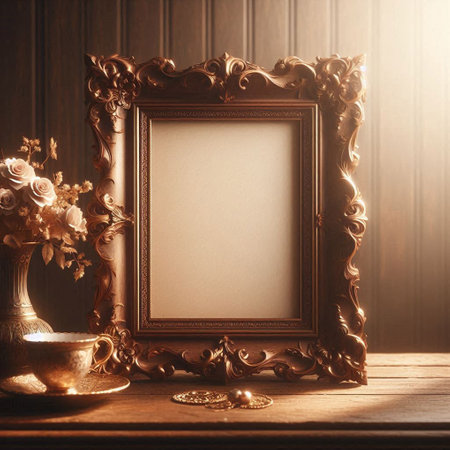 Vintage picture frame on a wooden background. 3d rendering.