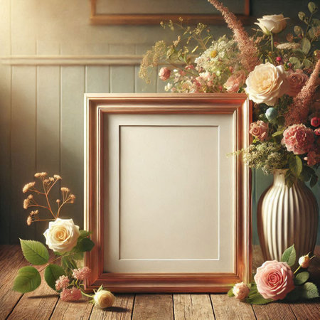 Blank picture frame with beautiful flowers in vase on wooden tableの写真素材